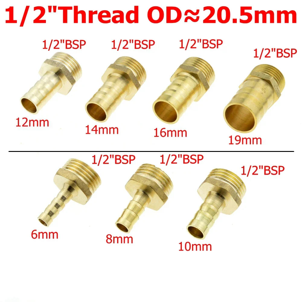 Conexión de latón para tubería de 4 mm, 6 mm, 8 mm, 10 mm, 12 mm y 19 mm. Cola de manguera con espiga 1/8" 1/4" 1/2" 3/8" Adaptador de acoplamiento de cobre con conector macho BSP