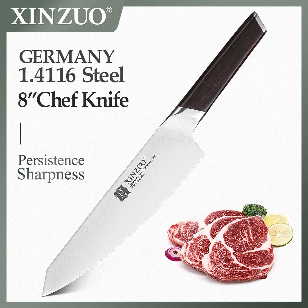 XINZUO 8" Kochmesser DIN 1.4116 Edelstahl, Deutschland, Küchenmesser, Schälmesser, Gemüsemesser, Ebenholzgriff, Geschenkbox