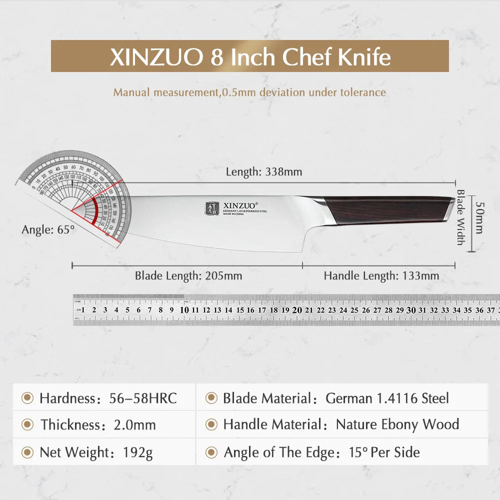XINZUO 8" Kochmesser DIN 1.4116 Edelstahl, Deutschland, Küchenmesser, Schälmesser, Gemüsemesser, Ebenholzgriff, Geschenkbox